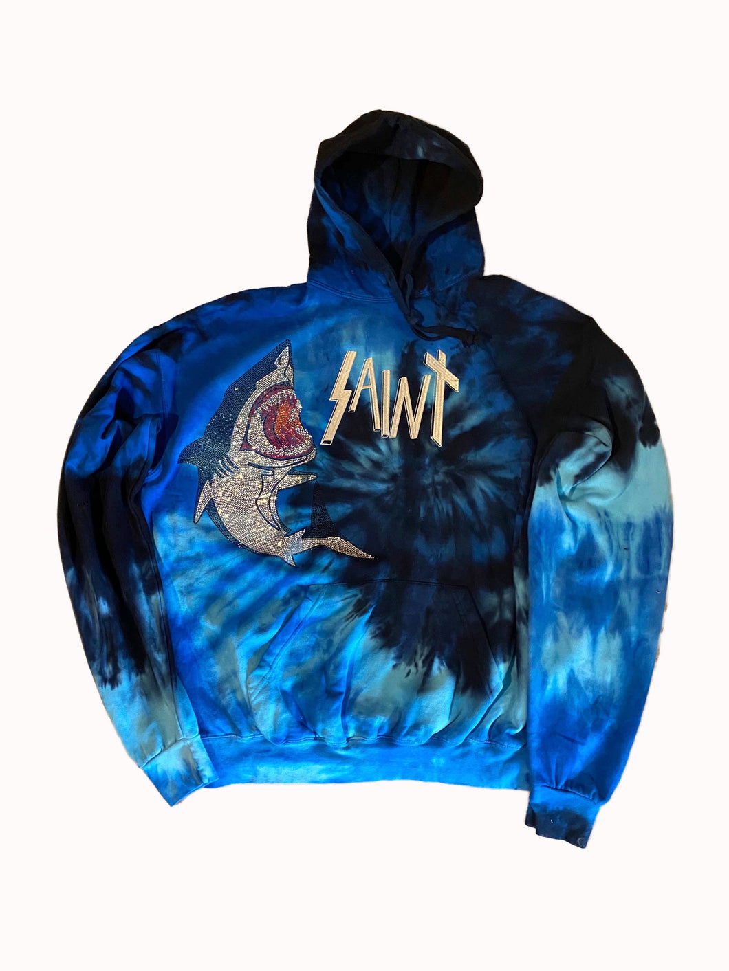 Blue Ocean Rhinestone Shark Tie-Dye Hoodie