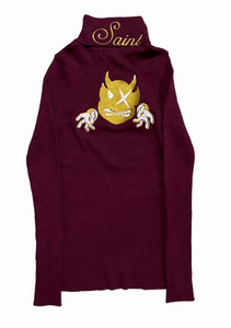 Womens Burgundy Embroider Neck Sweater